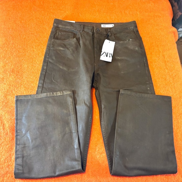 Zara chocolate brown relaxed mid waist waxed jeans NWT - Picture 3 of 12